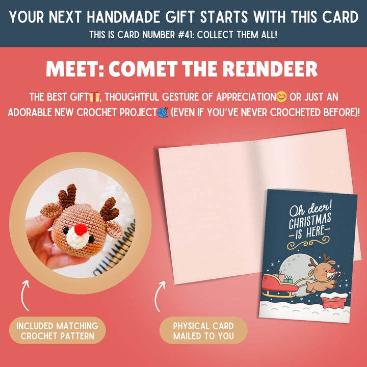 Reindeer Crochet Pattern & Matching Card: "Christmas is Here"