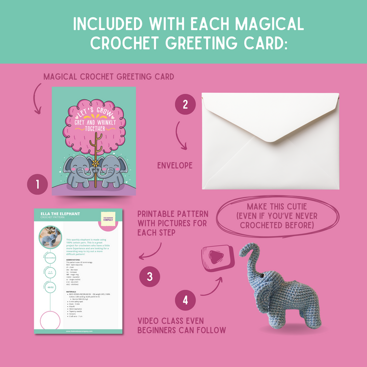 Elephant Crochet Pattern & Matching Card: "Let's Grow Together"