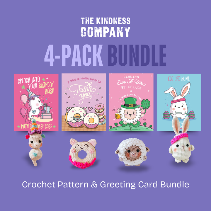 Patrick The Sheep, Barbell Bun Bun, Sassy The Seahorse & Daphne The Donut Crochet Pattern & Matching Greeting Cards Bundle