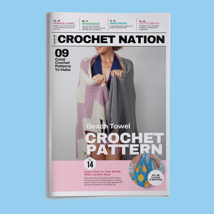 Magazine cover titled 'Crochet Nation' featuring a woman with a crochet pattern on a blue background
