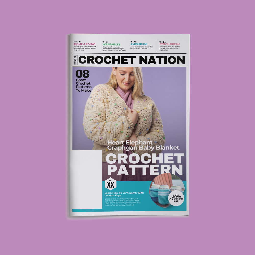 Crochet Nation magazine cover with a woman wearing a crocheted garment on a purple background