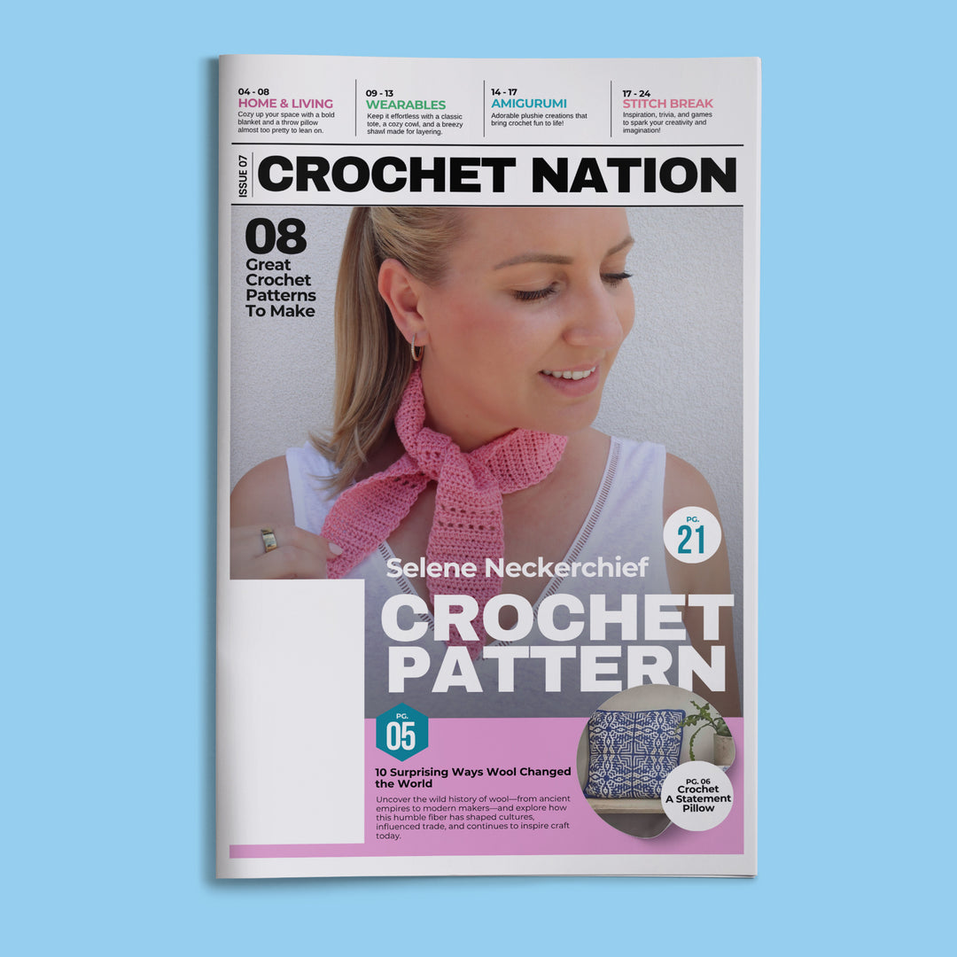 Magazine cover titled 'Crochet Nation' featuring a woman wearing a pink crochet neckwarmer.