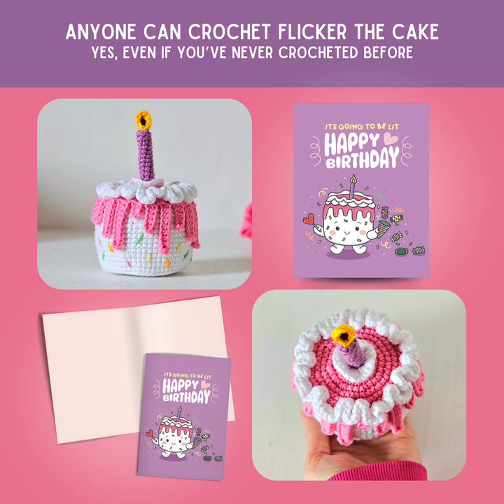 Cake Crochet Pattern & Matching Card: "It's Going To Lit Happy Birthday"